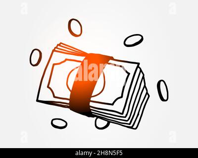 Das Geldbündel und die Münzen sind handgezeichnet, Geld-Doodle-Vektor-Kunst. Bargeld, Geld, Banknoten, Finanz-Konzept-Design Stock Vektor
