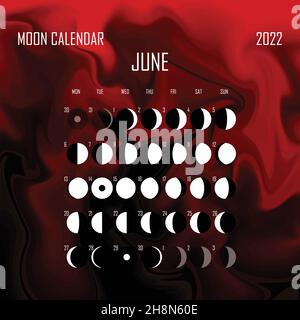 Juni 2022 Mondkalender. Astrologisches Kalenderdesign. planer. Platz für Aufkleber. Modell des Monatszyklus-Planers. Isolierter flüssiger Farbhintergrund Stock Vektor