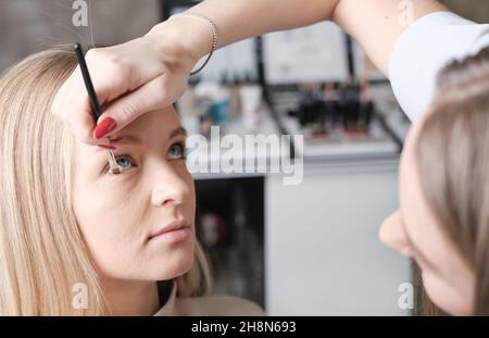 Frau Make-up Künstler Anwendung Eyeshadows mit Pinsel auf Modell Augen. Blonde Frau Gesicht. Hand von Visagiste, Malerei Kosmetik der jungen Schönheit Modell. Machen Stockfoto