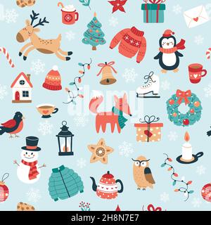 Weihnachtsmuster mit niedlichen saisonalen Elementen Rentier, Fuchs, Geschenke, Dekorationen, Schneemann. Festlicher Hintergrund mit handgezeichneten Elementen, Vektor Stock Vektor