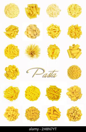 Satz von verschiedenen Arten von Pasta isoliert auf weißem Hintergrund Stockfoto