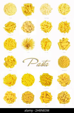 Satz von verschiedenen Arten von Pasta isoliert auf weißem Hintergrund Stockfoto