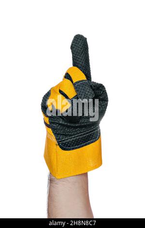 Die Hand des Mannes im Konstruktionshandschuh mit dem Zeigefinger nach oben. Informationen für Bauherren. Isoliertes Objekt auf weißem Hintergrund. Symbol oder Zeichen. Beherzigt. Stockfoto