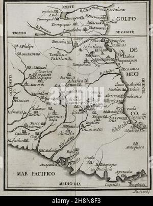 Karte des Territoriums von Neuspanien. 'Historia de la Conquista de México, población, y progressos de la América septentrional, conocida por el nombre de Nueva España' (Geschichte der Eroberung Mexikos, der Bevölkerung und des Fortschritts Nordamerikas, bekannt unter dem Namen Neuspanien). Geschrieben von Antonio de Solís y Rivadeneryra (1610-1686), Chronist der Indischen Inseln. Band I. Ausgabe erschienen in Barcelona und in zwei Bände aufgeteilt, 1771. Königsdrucker: Thomas Piferrer. Historische Militärbibliothek von Barcelona. Katalonien, Spanien. Stockfoto