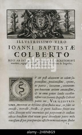 Illustrisimo Viro Ioanni Baptistae Colberto, marquis de Seignelay (1651-1690). „Marca Hispanica sive limes hispanicus“. Buch in lateinischer Sprache von Pierre de Marca (1594-1662). 1656 wurde er mit der Formalisierung des Grenzvertrages zwischen den Königreichen Frankreich und Spanien beauftragt, eine Aufgabe, die sich in dieser Sammlung von fünf Büchern widerspiegelt und die Franzosen auf die annektierte Provinz Katalonien im Jahr 1641 aufmerksam machte. Etienne Baluze vergrößerte und editierte sie. Veröffentlicht in Paris von François Muguet im Jahr 1688. Historische Militärbibliothek von Barcelona. Katalonien, Spanien. Autor: Pierre de Marca (1594-1662). Frenc Stockfoto