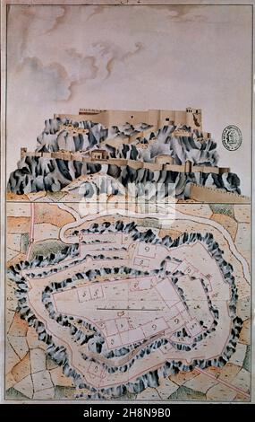 PLANO DEL CASTILLO DE MORELLA 1822. ORT: ARCHIVO HISTORICO MILITAR. MADRID. SPANIEN. Stockfoto