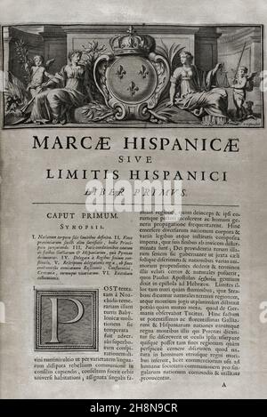 Marca Hispanica Sive Limitis hispanici. Erstes Buch. „Marca Hispanica sive limes hispanicus“. Buch in lateinischer Sprache von Pierre de Marca (1594-1662). 1656 wurde er mit der Formalisierung des Grenzvertrages zwischen den Königreichen Frankreich und Spanien beauftragt, eine Aufgabe, die sich in dieser Sammlung von fünf Büchern widerspiegelt und die Franzosen auf die annektierte Provinz Katalonien im Jahr 1641 aufmerksam machte. Etienne Baluze vergrößerte und editierte sie. Veröffentlicht in Paris von François Muguet im Jahr 1688. Historische Militärbibliothek von Barcelona. Katalonien, Spanien. Autor: Pierre de Marca (1594-1662). Französischer Historiker. Stockfoto