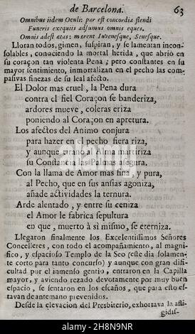 Tod von Karl II. Von Spanien (1661-1700). Geschichte der Beerdigung in der Kathedrale von Barcelona, Montag, 29. November 1700. Tränen der Liebe, vergossen von der bedeutenden Stadt Barcelona... in den herrlichen Trauerritualen, die der geliebten und verehrten Erinnerung an ihren verstorbenen König und Herrn gewidmet sind, Don Carlos II ('Lagrimas amantes de la excelentissima ciudad de Barcelona, con que agradecida a las reales finezas y beneficios, Demuestra su amor y su dolor, en las magnificas exequias que celebró a las amadas y venerables memorias de su difunto Rey y y Señor, D. Carlos II'). Von Josep Rocaberti. Editi Stockfoto