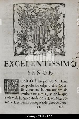 Tränen der Liebe, vergossen von der bedeutenden Stadt Barcelona... in den herrlichen Trauerritualen, die der geliebten und verehrten Erinnerung an ihren verstorbenen König und Herrn gewidmet sind, Don Carlos II ('Lagrimas amantes de la excelentissima ciudad de Barcelona, con que agradecida a las reales finezas y beneficios, Demuestra su amor y su dolor, en las magnificas exequias que celebró a las amadas y venerables memorias de su difunto Rey y y Señor, D. Carlos II'). Von Josep Rocaberti. Edition in Barcelona, im Druck von Juan Pablo Marti, von Francisco Barnola, 1701. Historische Militärbibliothek von Barcelona, Catalo Stockfoto