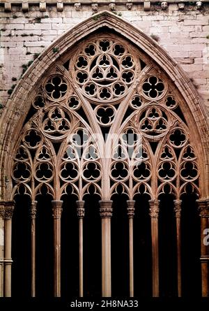ALLE DE UN ARCO OJIVAL CON CRESTERIA DEL CLAUSTRO DE LA CATEDRAL VIEJA DE LERIDA - SIGLO XIV - GOTICO CATALAN. AUTOR: CASCALLS JAUME / SLIVELLA GUILLERMO. Lage: CATEDRAL VIEJA. Lerida. SPANIEN. Stockfoto