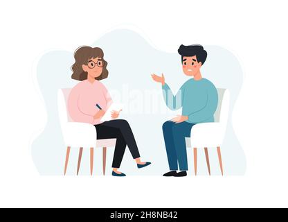 Psychotherapie-Sitzung - Mann im Gespräch mit Psychologen. Konzept der psychischen Gesundheit, Vektor-Illustration in flacher Form Stock Vektor
