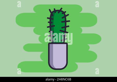Vektor-Ikone eines Kaktus in einem Blumentopf mit Strich auf dem grünen Hintergrund Stock Vektor