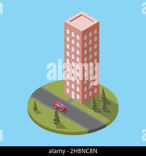 Vektordarstellung eines isometrischen Wolkenkratzers isoliert auf blauem Hintergrund. Apartmentgebäude, BLOQUE von Wohnungen Vektor-Symbol. Stock Vektor