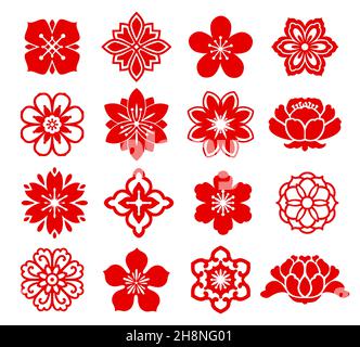 Rote asiatische Blumen mit Blumenmuster, chinesische, japanische und koreanische Blumen, Vektor-Symbole. China Kirschblüte oder Japan Sakura Ornamente, orientalische Papierkunst oder Urlaub Pap Stock Vektor