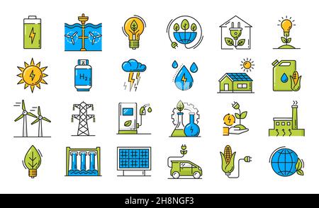 Symbole für Umwelt und saubere grüne Energie. Grüne Technologie der Strom-und Bio-Kraftstoff-Produktion skizzieren Vektor-Symbole mit Elektroauto gesetzt, sol Stock Vektor