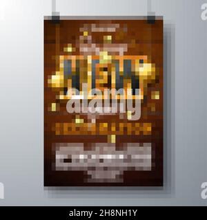 2022 Neujahrsparty-Feier Poster Vorlage Illustration mit Lichter Glühbirne Brief und Gold Weihnachtskugel auf Vintage Holz Hintergrund. Vektor Stock Vektor