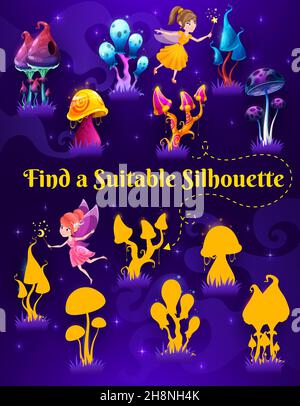 Finde eine richtige Pilzschatten-Silhouette. Vector Kinder Spiel, Bildung Puzzle oder Labyrinth. Speicherrätselblatt mit der Aufgabe, Schatten der Magie zu vergleichen Stock Vektor