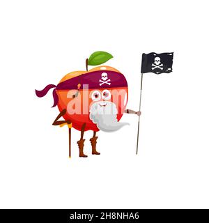 Roter Apfel mit Blatt isoliert Zeichentrickfigur Piraten Emoticon. Vector vegetarische Dessert, Diät Lebensmittel corsair buccaneer mit Flagge, Bandana fröhliche rog Stock Vektor