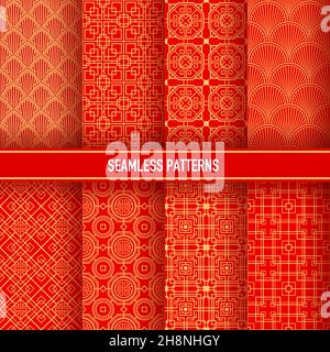 Nahtlose asiatische Muster. Koreanische, chinesische und japanische Ornamente, goldene Verzierungen auf rotem Hintergrund. Vektor traditionelle asiatische dekorative Textil, Stock Vektor