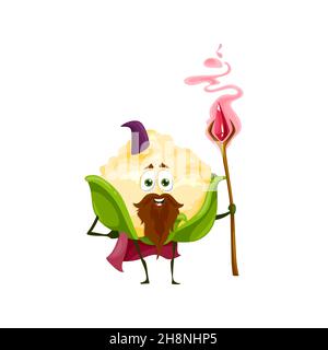 Blumenkohl Gemüse Cartoon Zauberer Charakter, Vektor lustige Zauberer halten magische Stab mit rotem Kristall. Wiz oder Zauberer mit Bart und Schnurrbart tragen Stock Vektor