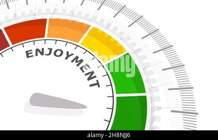 Farbskala mit Pfeil von rot nach grün. Das Messgerätesymbol. Anzeige des Genußniveaus. Farbenfrohes Infografik-Messelement. 3D Rendern. Stockfoto