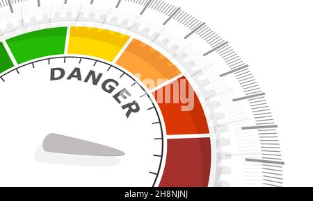Farbskala mit Pfeil von rot nach grün. Das Messgerätesymbol. Gefahrenstandsanzeige. Farbenfrohes Infografik-Messelement. 3D Rendern. Stockfoto