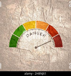 Farbskala mit Pfeil von rot nach grün. Das Messgerätesymbol. Gefahrenstandsanzeige. Farbenfrohes Infografik-Messelement Stockfoto
