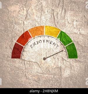 Farbskala mit Pfeil von rot nach grün. Das Messgerätesymbol. Anzeige des Genußniveaus. Farbenfrohes Infografik-Messelement Stockfoto