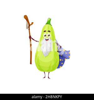 Fröhliche Zucchini oder Squash Gemüse Zauberer Charakter. Vector Veggies Nekromant, Cartoon lustigen Zauberer im Umhang mit Sternen und Holzstab. Garten pl Stock Vektor