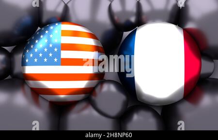 Politische und wirtschaftliche Beziehungen zwischen den USA und Frankreich. Nationalflaggen. 3D Rendern Stockfoto