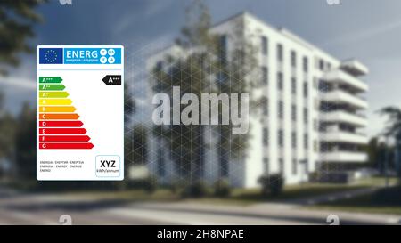 Grafik des EU-Energielabels vor dem Wohnhaus als Effizienz- und Verbrauchskonzept Stockfoto