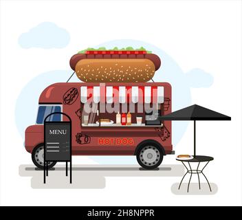 Street Food Truck mit Hot Dogs. Vektor-flache Abbildung von handgezeichneten Fast-Food-Würsten auf einem Lieferwagen und einem Werbestand mit Menü. Zeichentrickfilm Stock Vektor