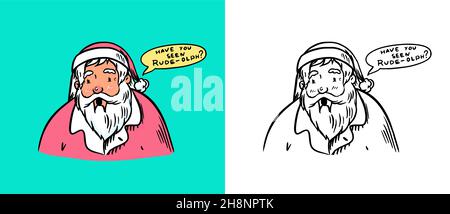 Weihnachtsmann. Der bärtige Großvater sucht einen Hirsch. Weihnachtssymbol. Poster oder Banner für den Urlaub. Festliche Vektorgrafik für Etikett Stock Vektor