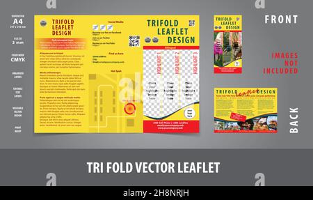 Dreifach gefalztes Faltblatt für Service- oder Produktzwecke, Abmessung A4, Vorderseite mit 3 mm Anschnitt, vollständig bearbeitbare, editierbare Textebenen, druckfertig Stock Vektor