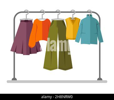 Vektor-Illustration, Satz von Kleidung auf einem Kleiderbügel. Bekleidungsgeschäft, Herbstgarderobe. Shopping, Ladenkonzept. Saisonaler Verkauf von Kleidung. Symbole für Kleidung Stock Vektor
