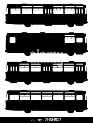 Handzeichnung von vier schwarzen Silhouetten von Retro-Bussen Stockfoto