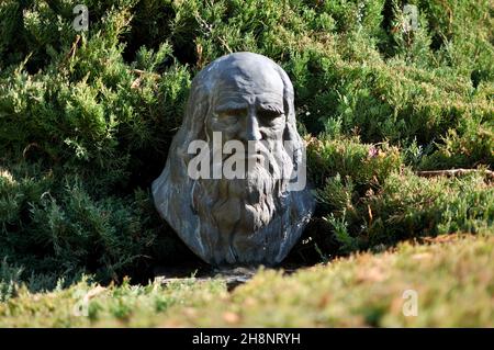 Ankara Türkei. Nov. 2021. Die Bronzebüste von Leonardo Da Vinci im grünen Park der METU. Da Vinci ist Malerin, Wissenschaftlerin, Theoretikerin, Bildhauerin und Stockfoto