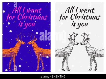 Waldhirsch mit Geweih. Banner für frohe Weihnachten. Neujahrsbezeichnung. Poster-Vorlage. Vintage Aufkleber Flyer oder Etiketten. Eingravierte, handgezeichnete Skizze Stock Vektor