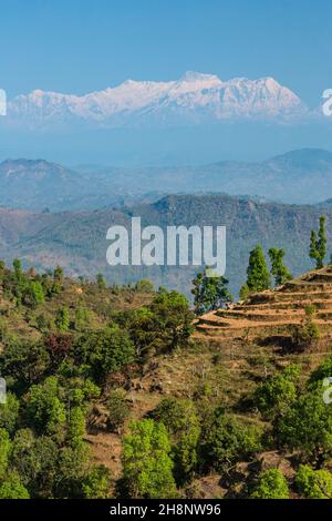 Terrassierte Hänge in der Nähe von Bandipur, Nepal, mit der schneebedeckten Annapurna-Bergkette des Himalaya. Stockfoto