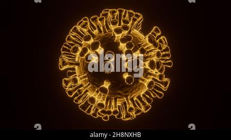 3D Illustration der Covid-19 Coronavirus-Zelle, Visualisierung des sars-Cov-2-Modells mit orangefarbenem Glanz- oder Bogeneffekt auf schwarzem Hintergrund Stockfoto