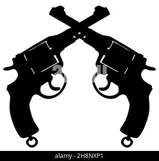 Hand drawing of two black silhouettes of vintage military revolvers Stockfoto