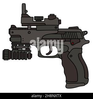 Handzeichnung einer kürzlich erschienenen schwarzen automatischen Handfeuerwaffe mit optischer Sicht Stockfoto