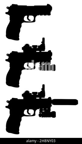 Handzeichnung von drei schwarzen Silhouetten von automatischen Handfeuerwaffen Stockfoto