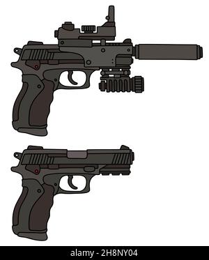 Handzeichnung von zwei aktuellen automatischen Handfeuerwaffen Stockfoto