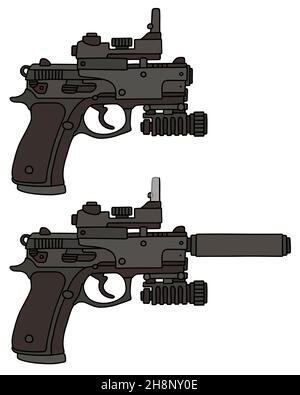 Handzeichnung von zwei aktuellen automatischen Handfeuerwaffen Stockfoto