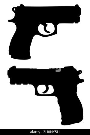 Hand drawing of a black silhouette of two handguns Stockfoto