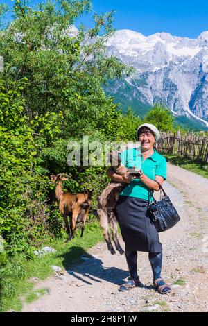 Schäferin und ihre Ziegen, Thethi Dorf Thethi Tal, Albanien Stockfoto