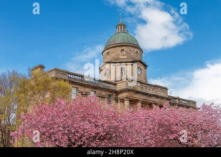 DR GRAY'S HOSPITAL ELGIN SCOTLAND DAS GEBÄUDE, UMGEBEN VON KIRSCHBLÜTEN PRUNUS IM FRÜHLING Stockfoto