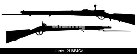 Hand drawing of two black silhouettes of historical military flintlocks Stockfoto