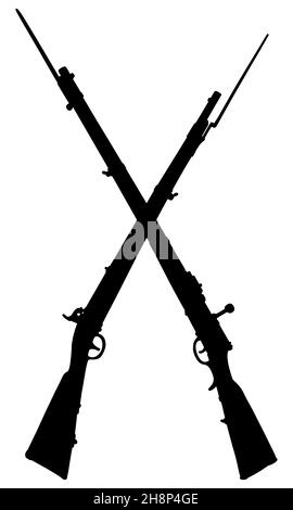 Hand drawing of two black silhouettes of historical military flintlocks Stockfoto